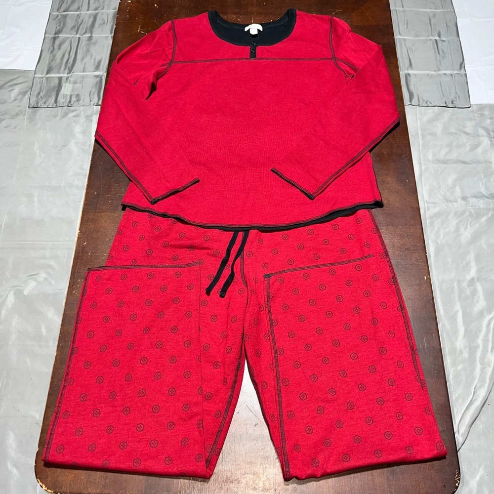 Jockey Mens Red Black Medallion Pajama Set Long Sleeve Henley Wide Leg Pants L